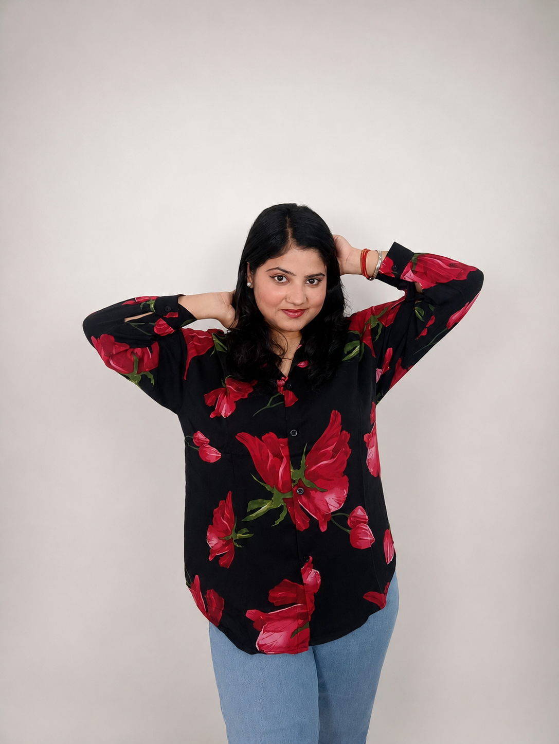 Black & Red Floral Print Oversized Shirt