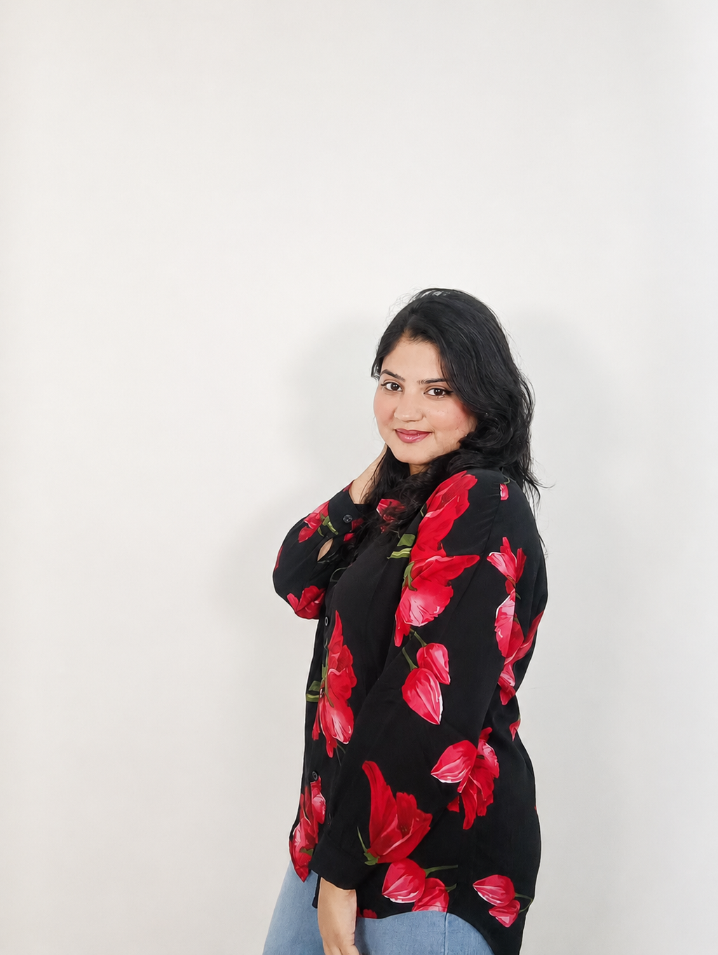 Black & Red Floral Print Oversized Shirt