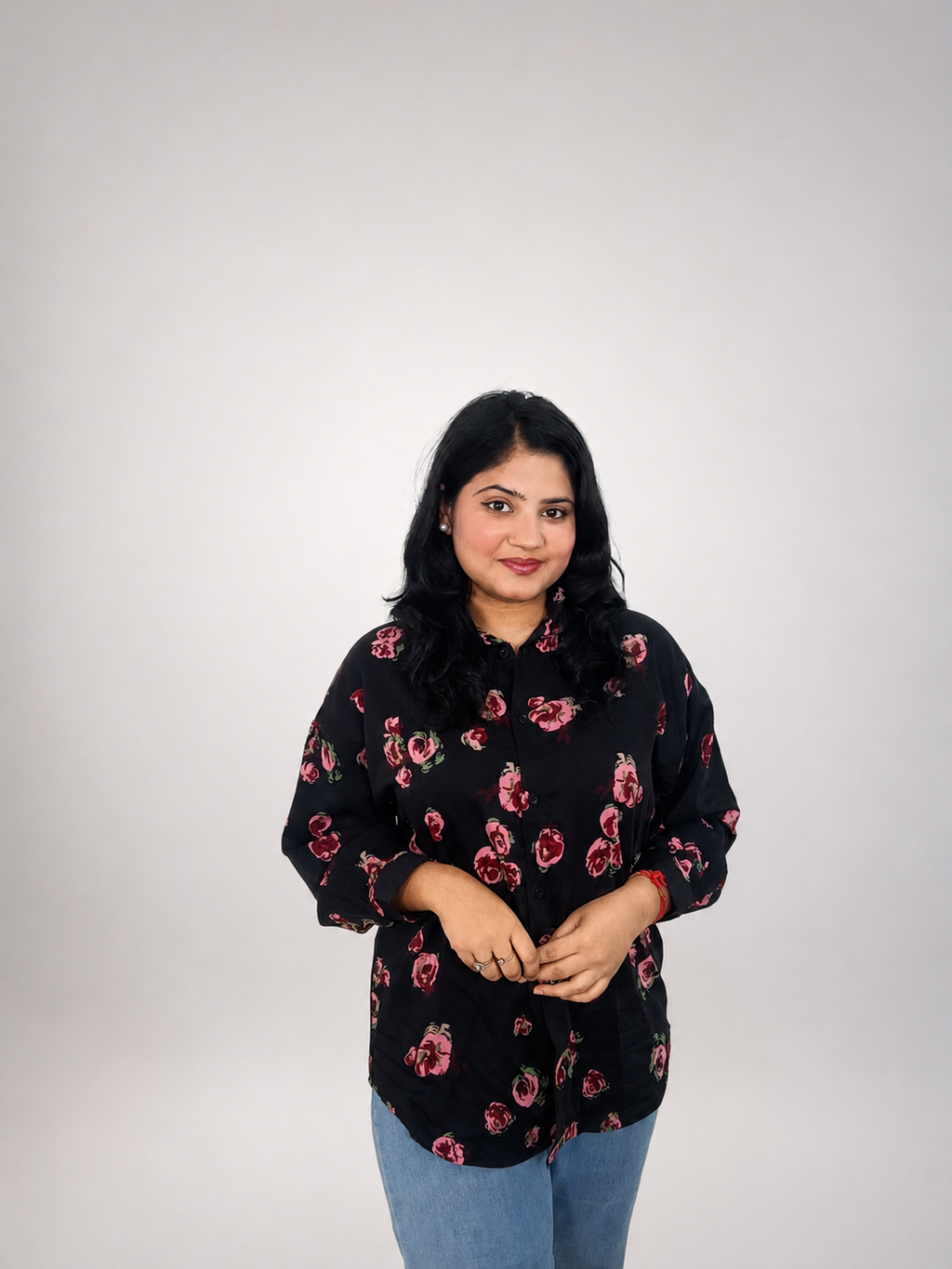 Black Pink Floral Print Oversized Shirt