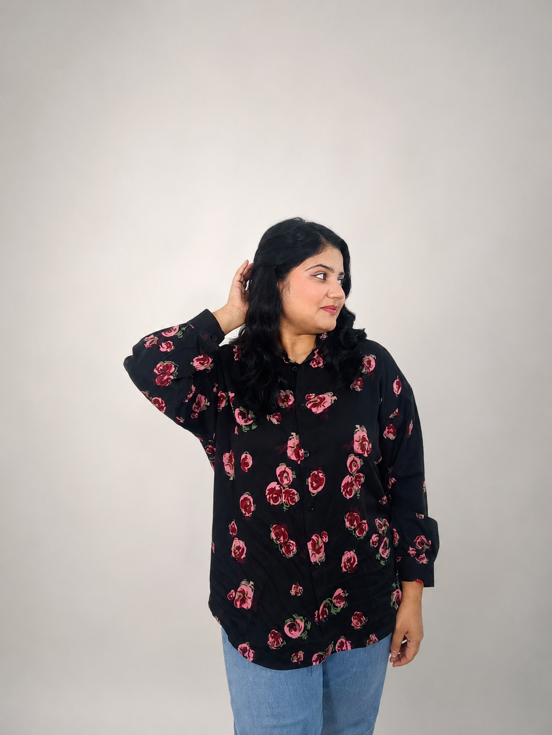 Black Pink Floral Print Oversized Shirt
