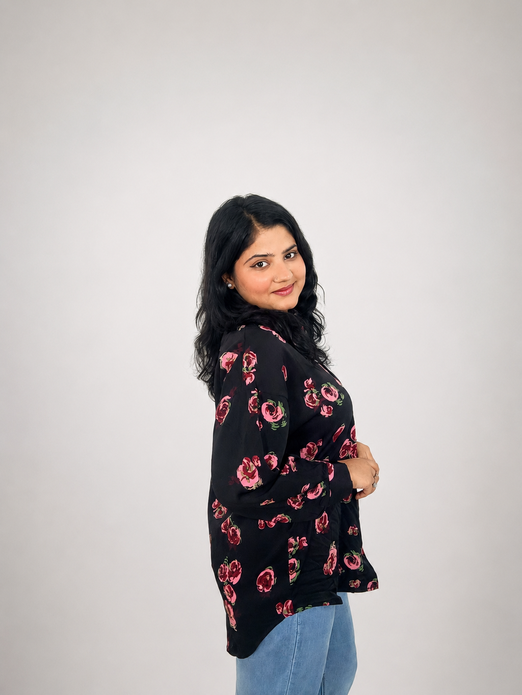 Black Pink Floral Print Oversized Shirt