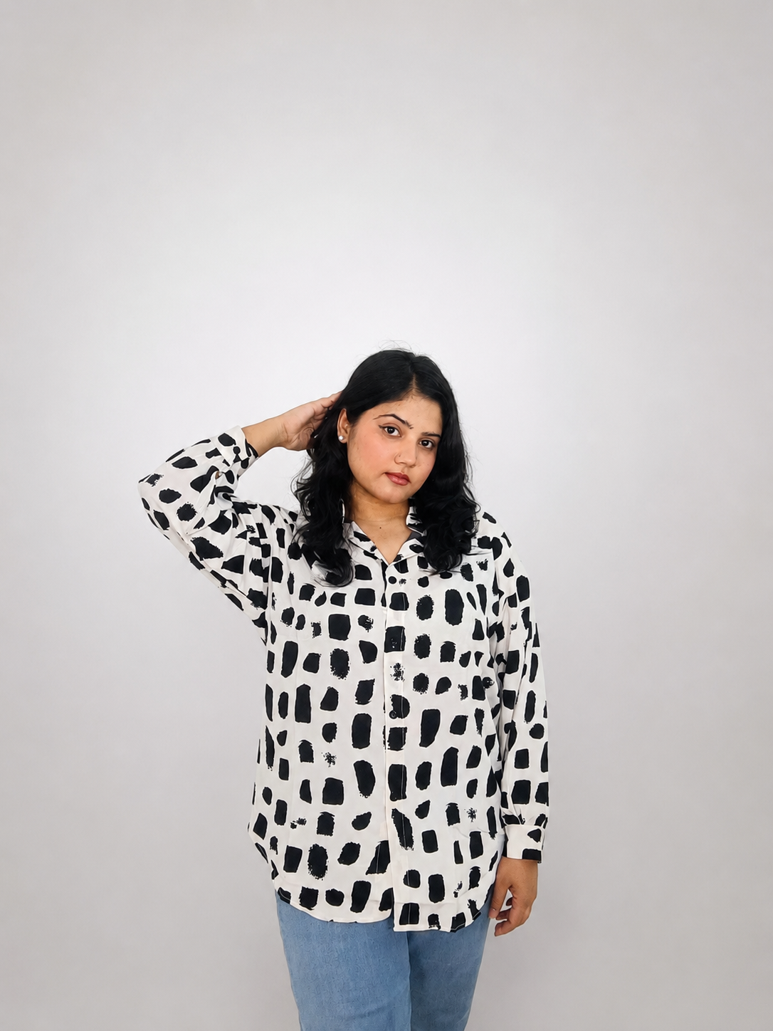 White & Black Abstract Print Oversized Shirt