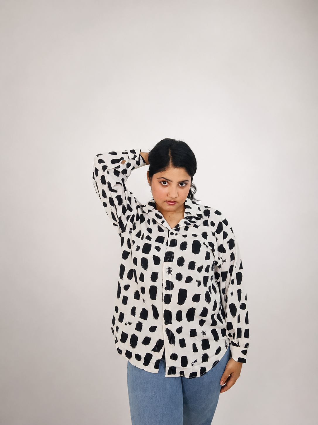 White & Black Abstract Print Oversized Shirt