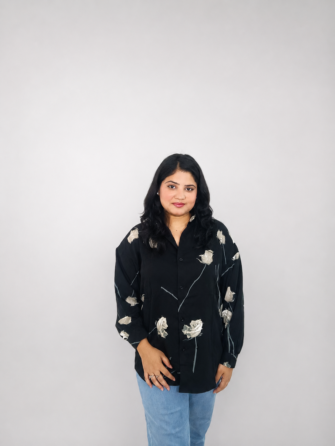Black White Rose Print Oversized Shirt