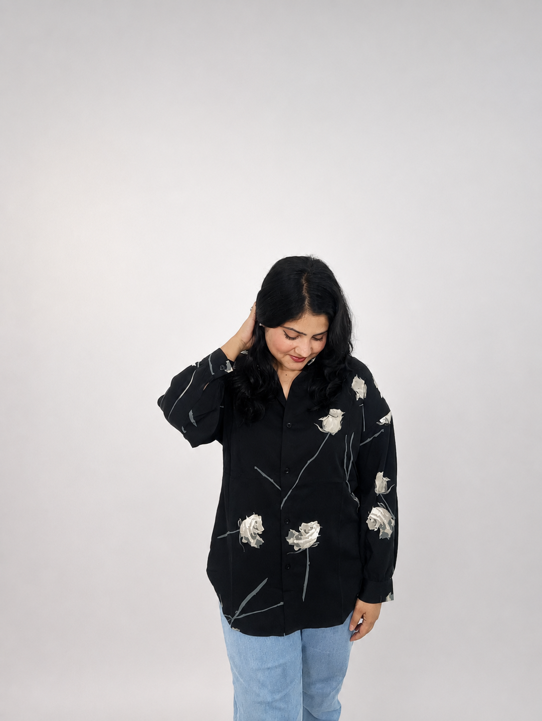 Black White Rose Print Oversized Shirt