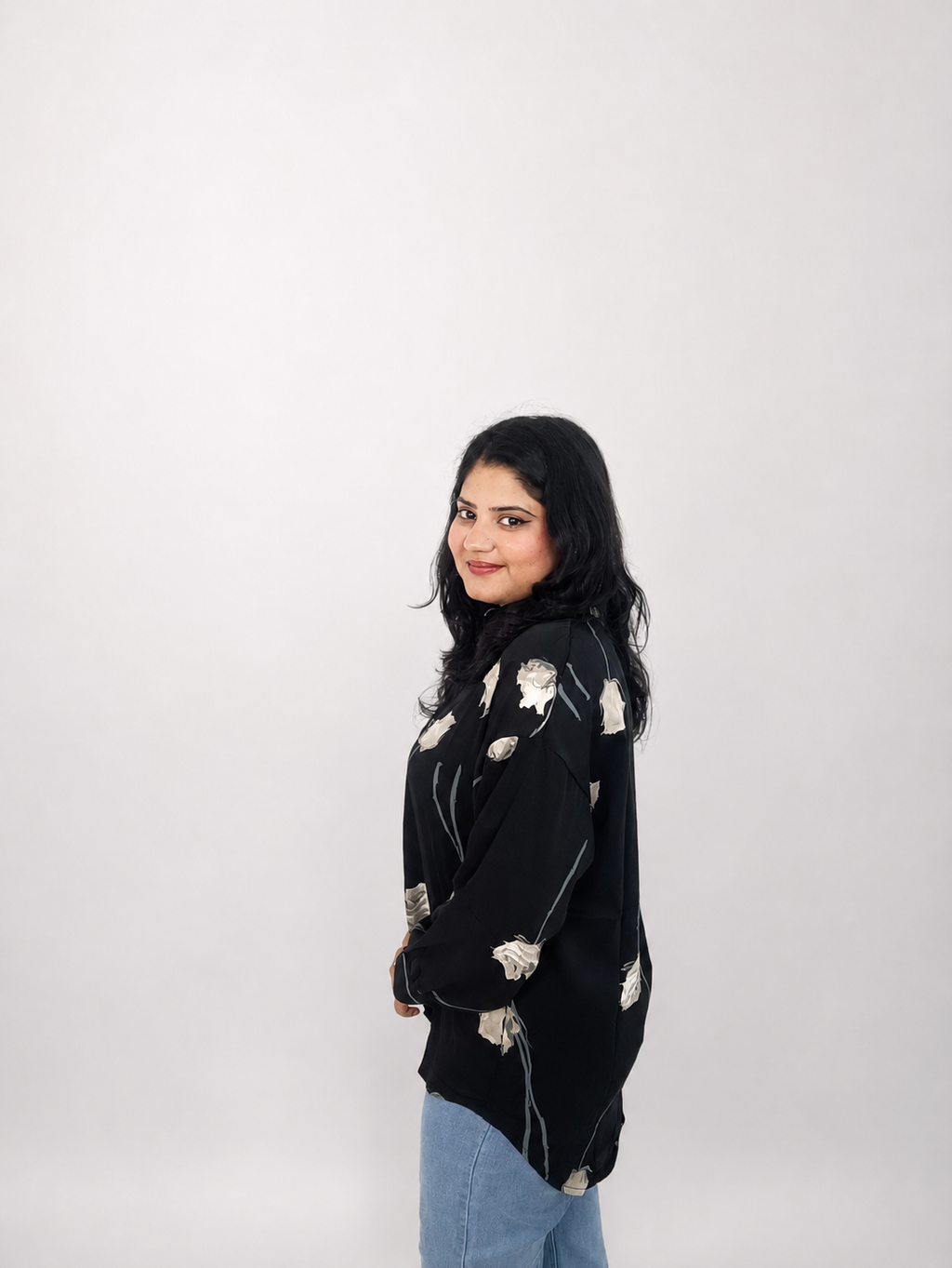 Black White Rose Print Oversized Shirt