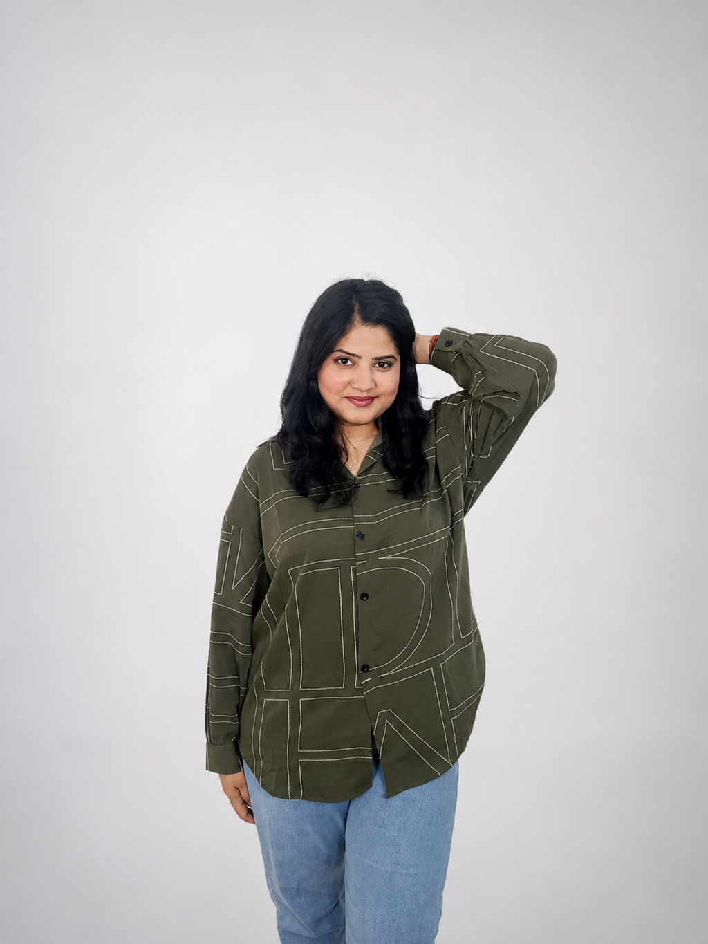 Olive Green Abstract Line Print Oversized Shirt