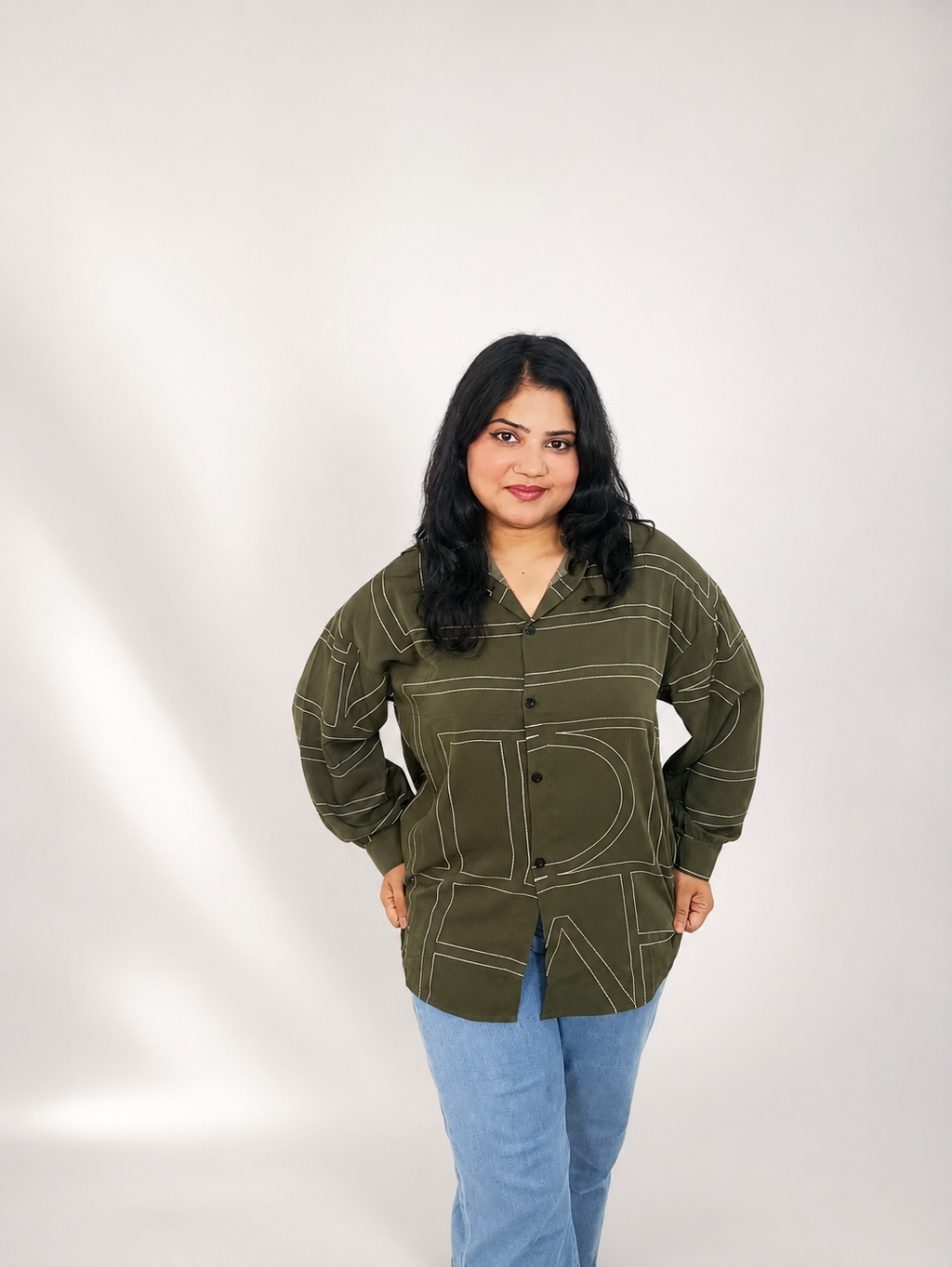 Olive Green Abstract Line Print Oversized Shirt