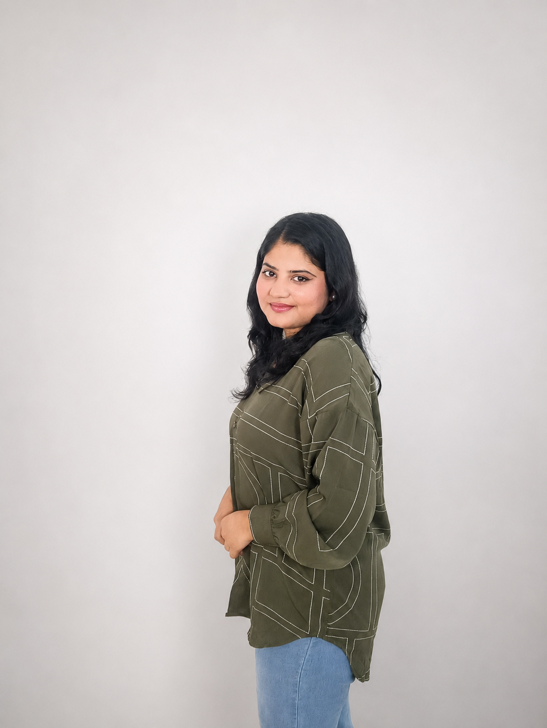 Olive Green Abstract Line Print Oversized Shirt