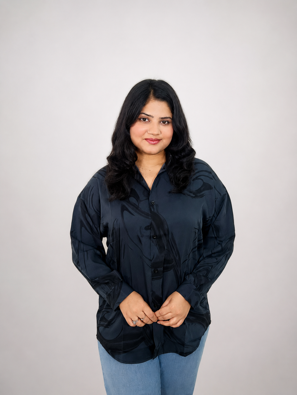 Dark Navy Abstract Print Oversized Shirt