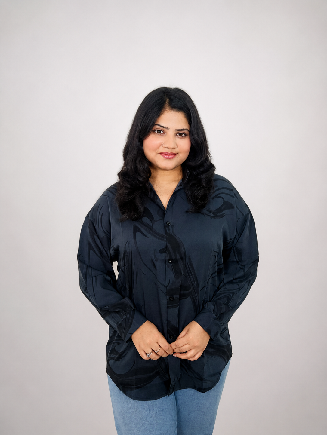 Dark Navy Abstract Print Oversized Shirt