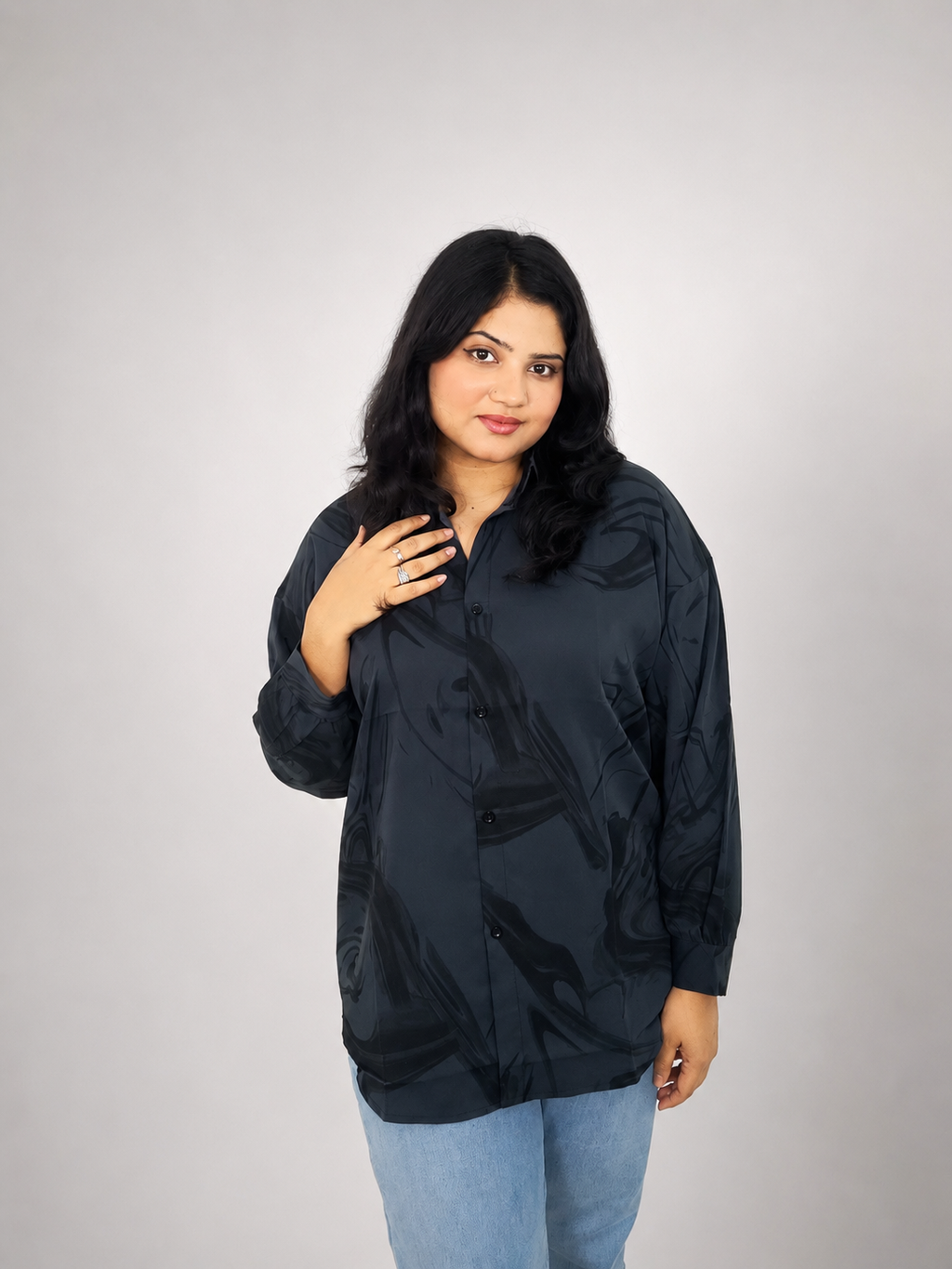 Dark Navy Abstract Print Oversized Shirt