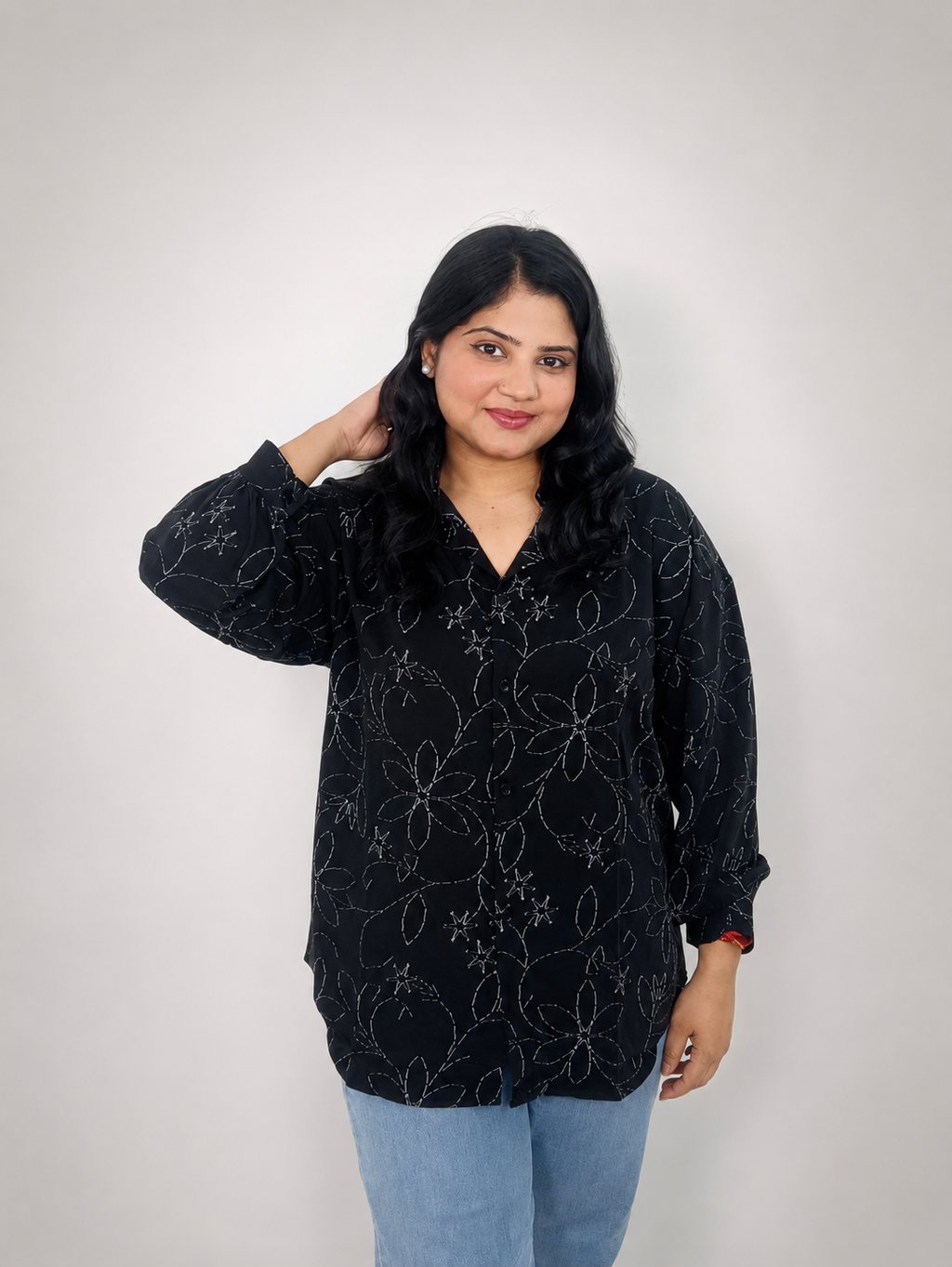 Black Floral Embroidery Print Oversized Shirt