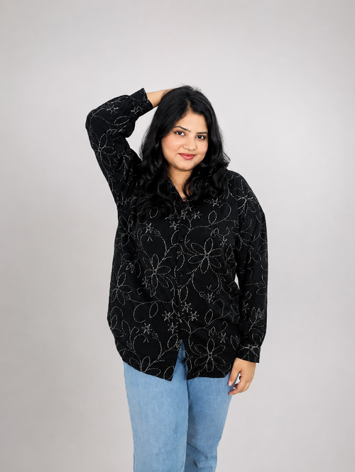 Black Floral Embroidery Print Oversized Shirt