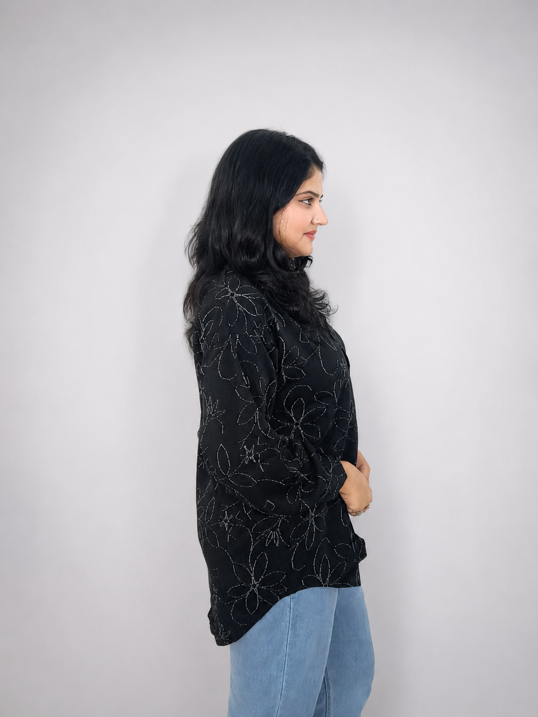 Black Floral Embroidery Print Oversized Shirt