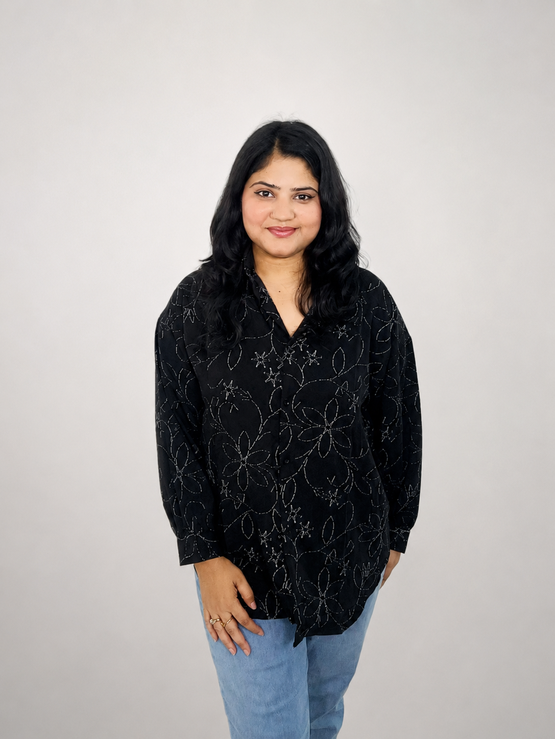 Black Floral Embroidery Print Oversized Shirt
