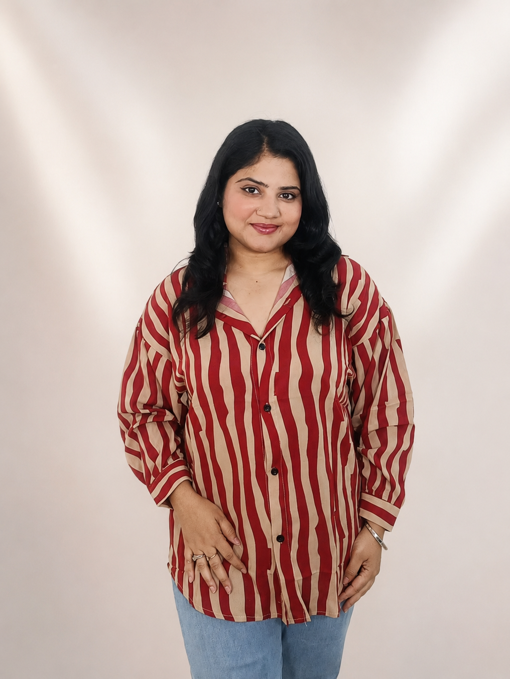 Red & Beige Vertical Striped Oversized Shirt