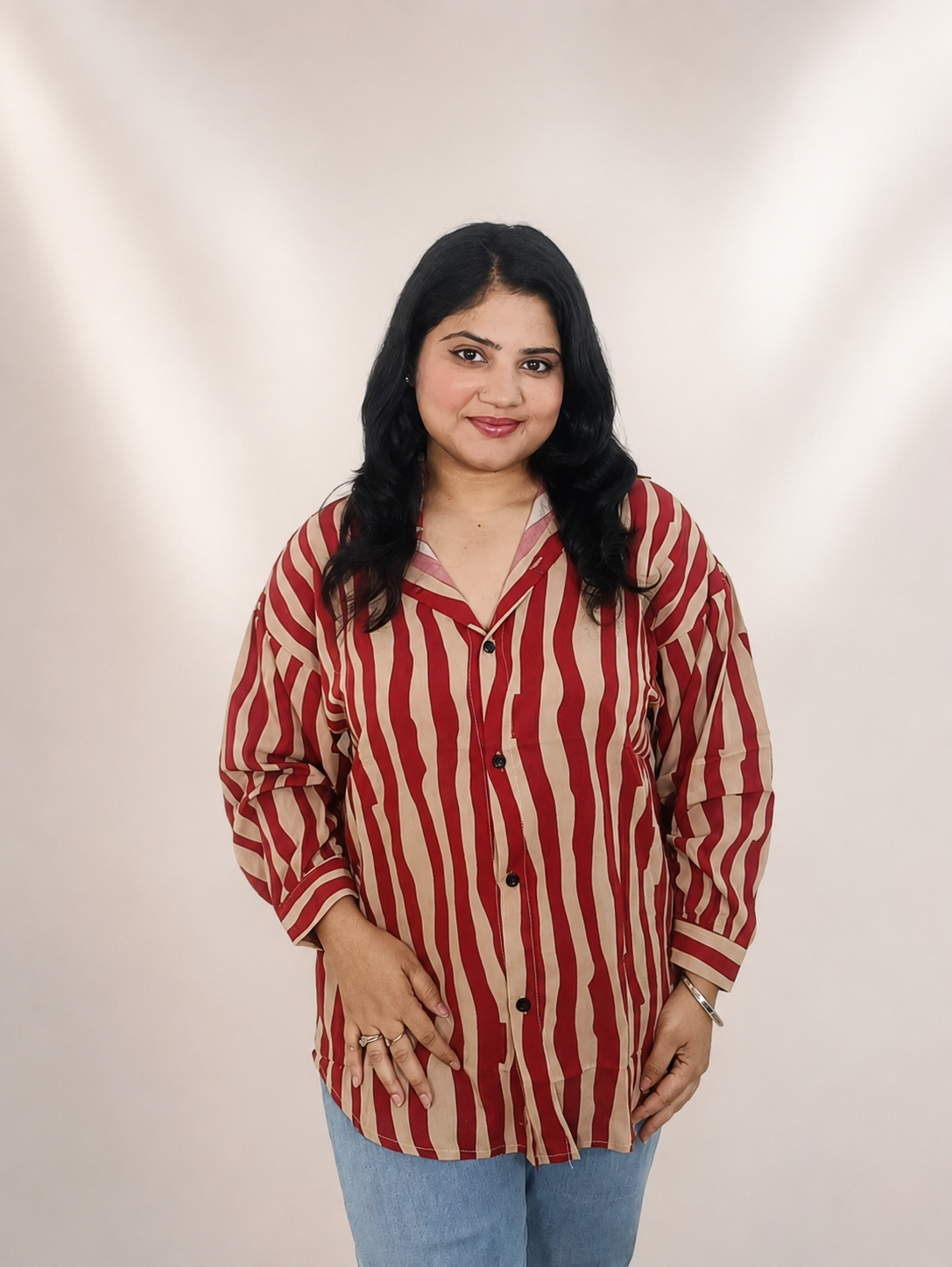 Red & Beige Vertical Striped Oversized Shirt