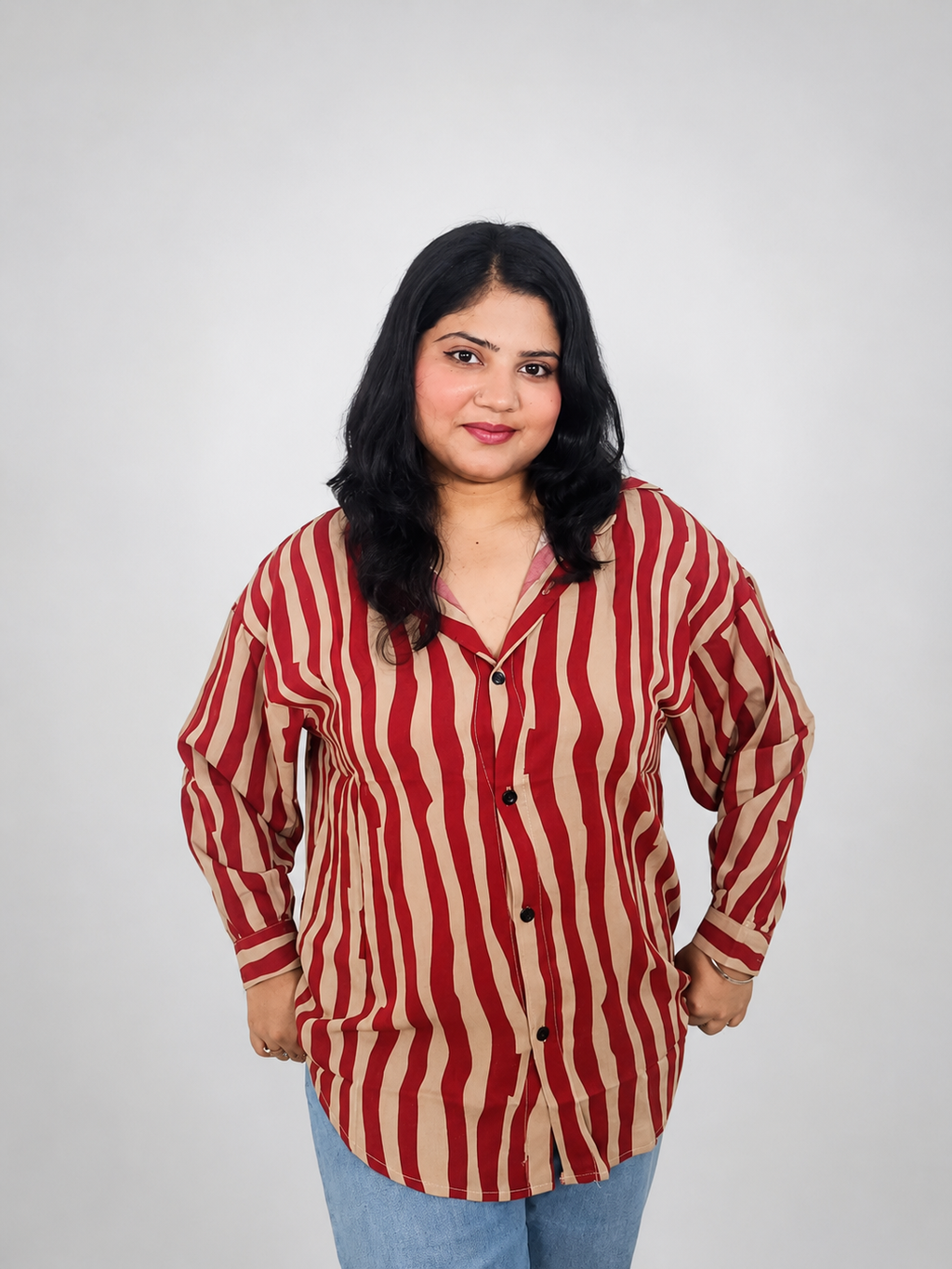 Red & Beige Vertical Striped Oversized Shirt