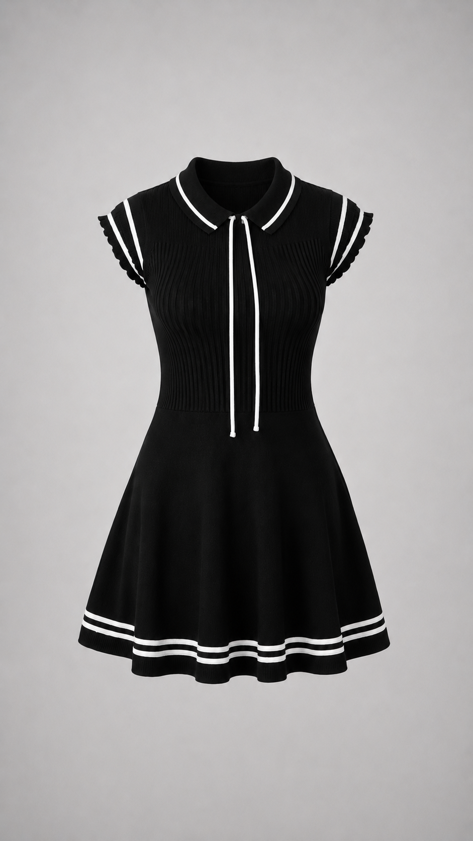 Ribbed Skater Mini Dress - Black